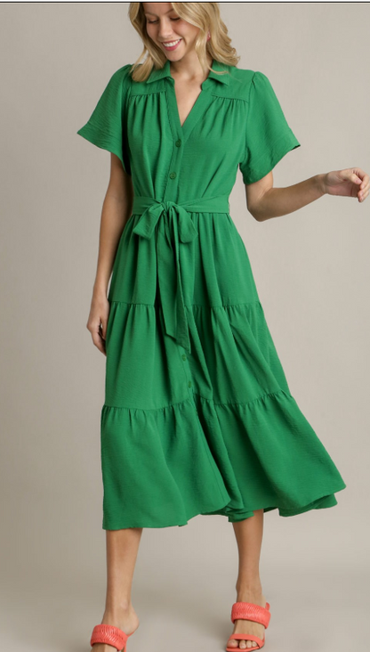Collared Button Down Tiered Midi Dress