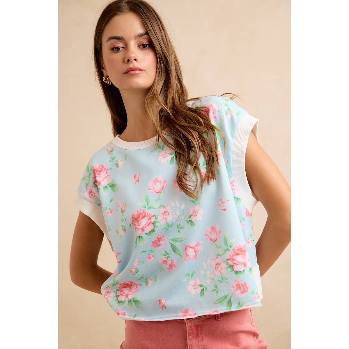 FLORAL PRINTED TERRY OPEN BACK SLEEVELESS TOP