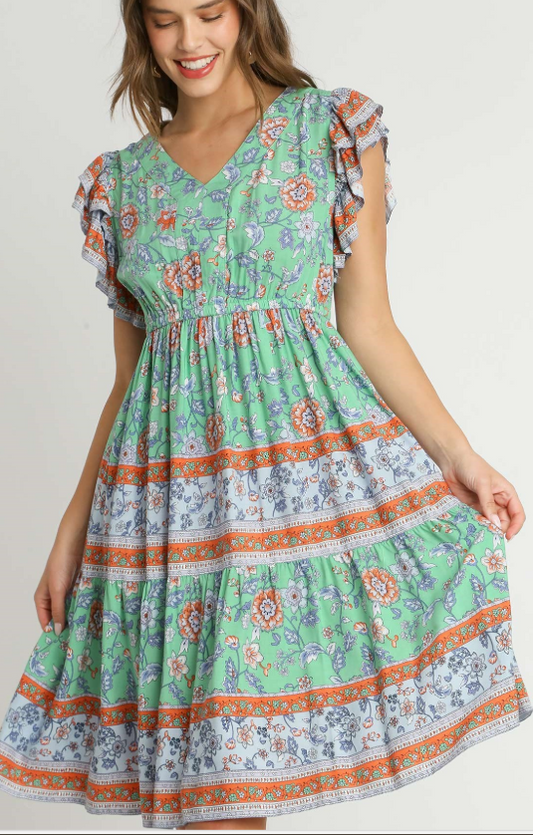 Border Print V-Neck Pleated Midi Dress with Ruffle Sleeve