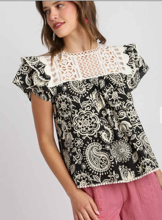 Crocket Yoke Paisley Top with Layered Ruffle Sleeves & Back Keyhole Button