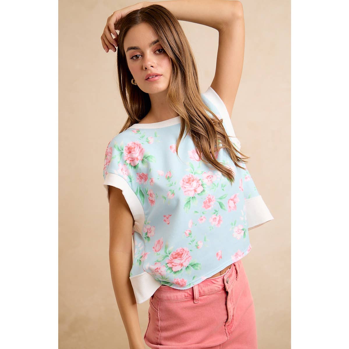 FLORAL PRINTED TERRY OPEN BACK SLEEVELESS TOP