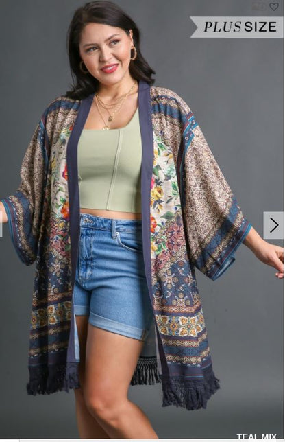 Open Front Print Kimono with Fringe Details