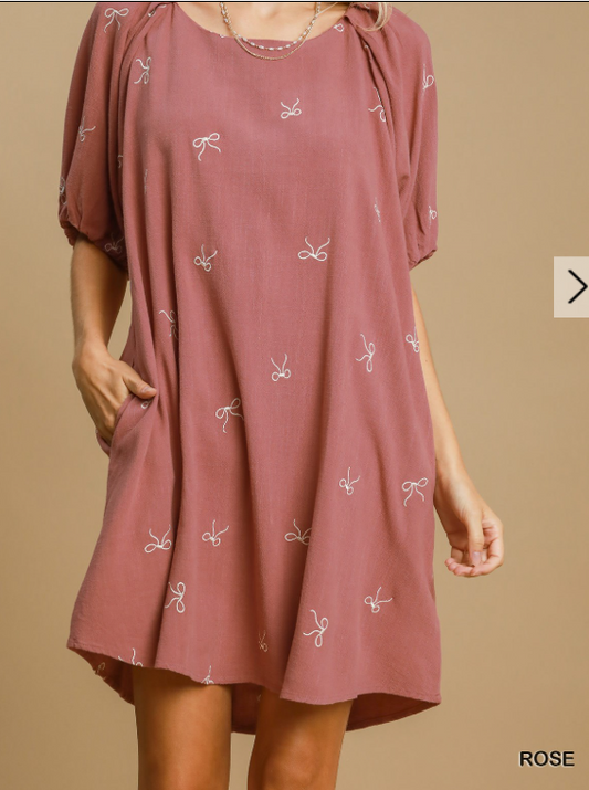 Linen Blend High Low Dress with Bows