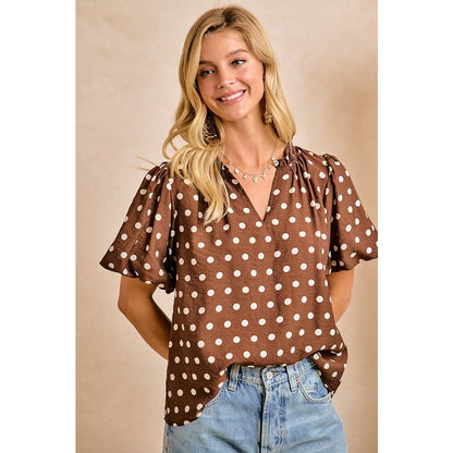 POLKA DOT PRINTED WOVEN RUFFLED V NECK
