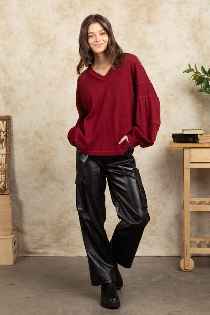 NT11157X-PLUS SIZE Oversized V-neck Puff Sleeve Top