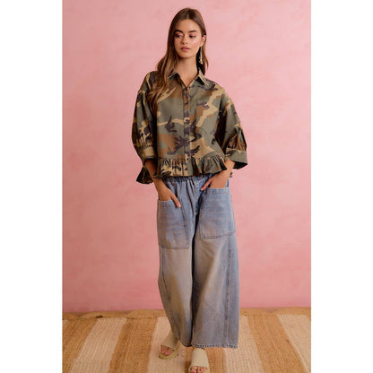 CAMO PRINTED RUFFLED HEM BUTTON DOWN BLOUSE