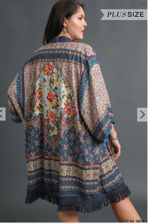 Open Front Print Kimono with Fringe Details