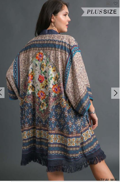 Open Front Print Kimono with Fringe Details