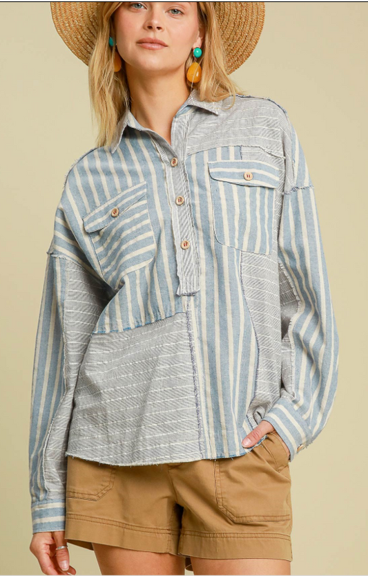 Colorblocked Half Button Down Shirt