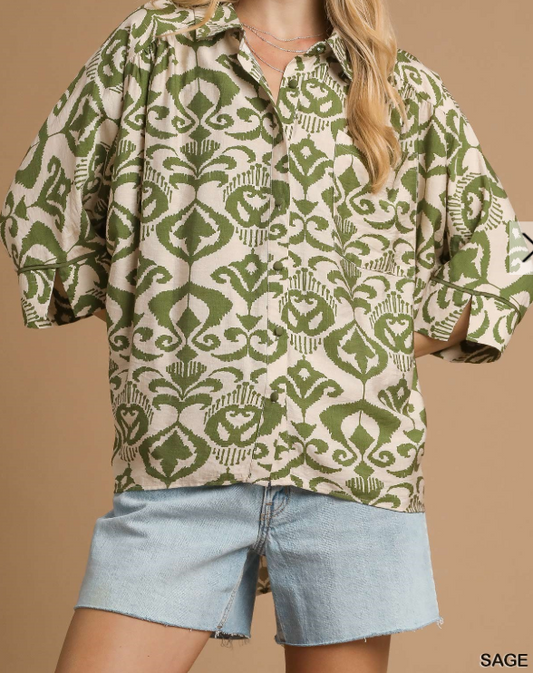 Abstract Print Button-Up Oversized Shirt