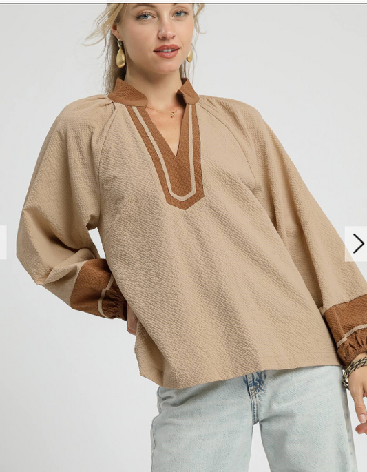 Two-Tone Beige / Brown V-Neck