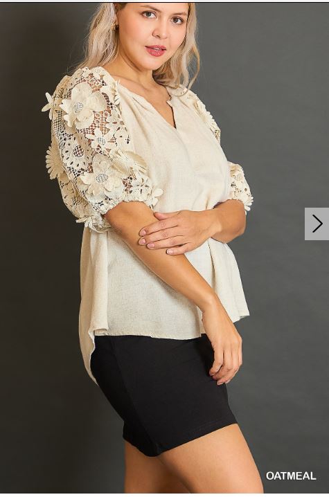 3D Floral Lace Puff Sleeve Blouse