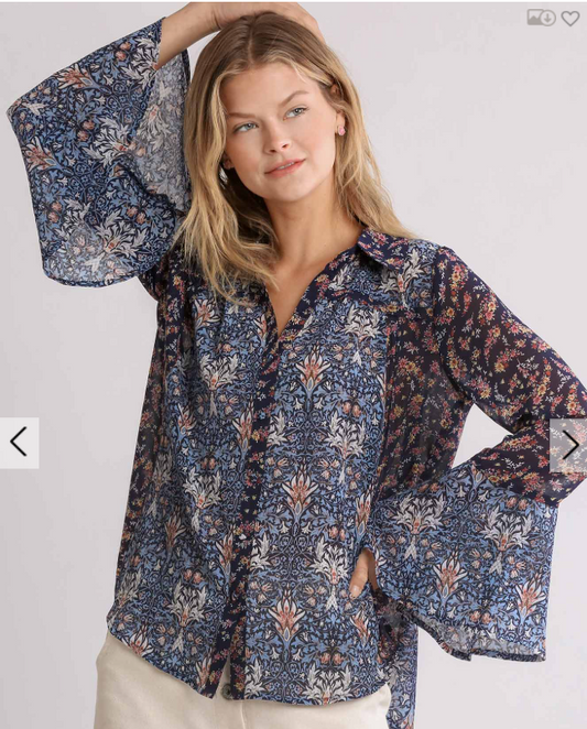 Sheer Floral Print Collar Button Down