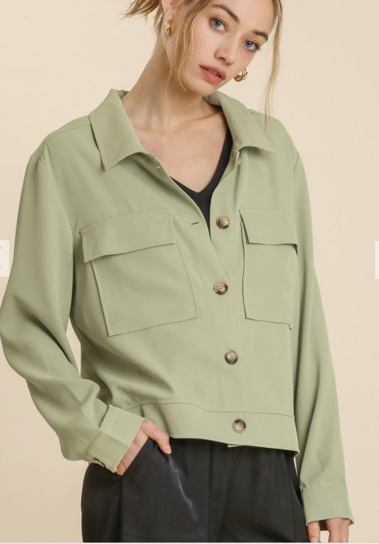 Collared Button Down Crepe Cropped Jacket with Front Pockets