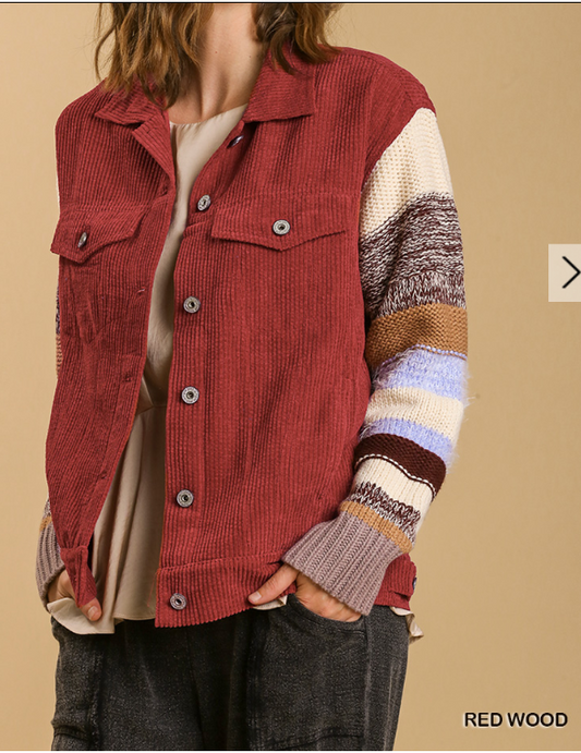 Collared Button Down Jacket with Striped Knit Contrast Sleeves