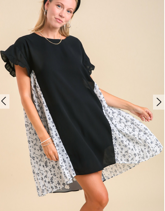 Mixed Media Pleat Detail Dress with Short Bell Sleeves