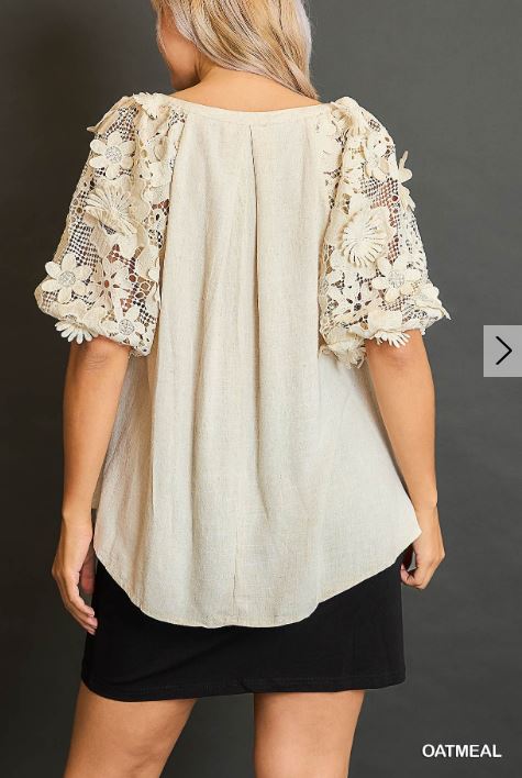 3D Floral Lace Puff Sleeve Blouse