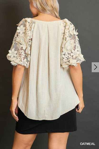 3D Floral Lace Puff Sleeve Blouse