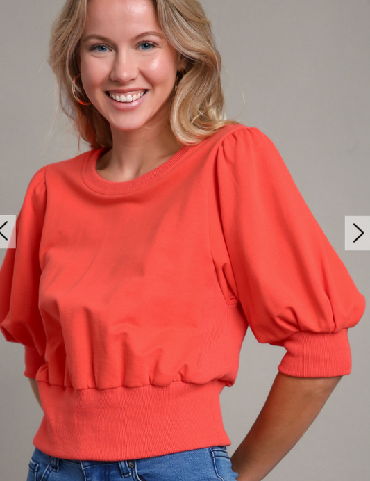 Round Neck Top with Pleated Puff Short Sleeve