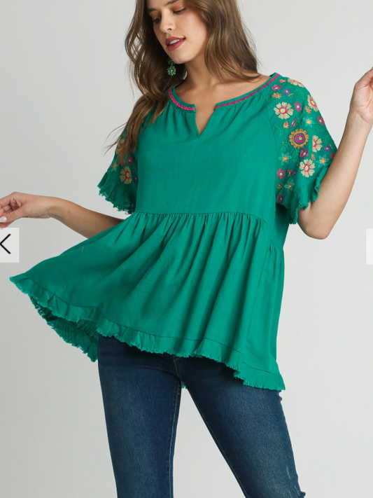 Linen Baby Doll Split Neck with Pleated Details Embroidery