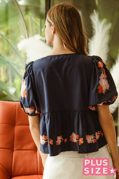 Plus Size BOW RIBBON PUFF SLEEVE TOP WITH EMBROIDERY
