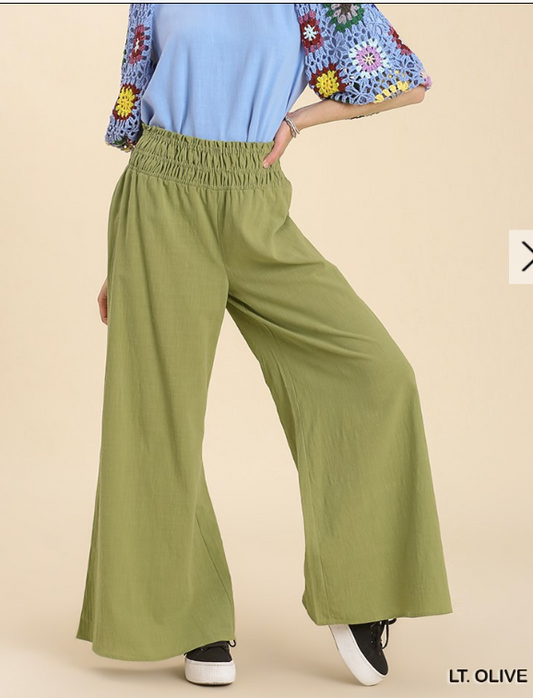Linen Blend Wide Pants with Smocked Waistband