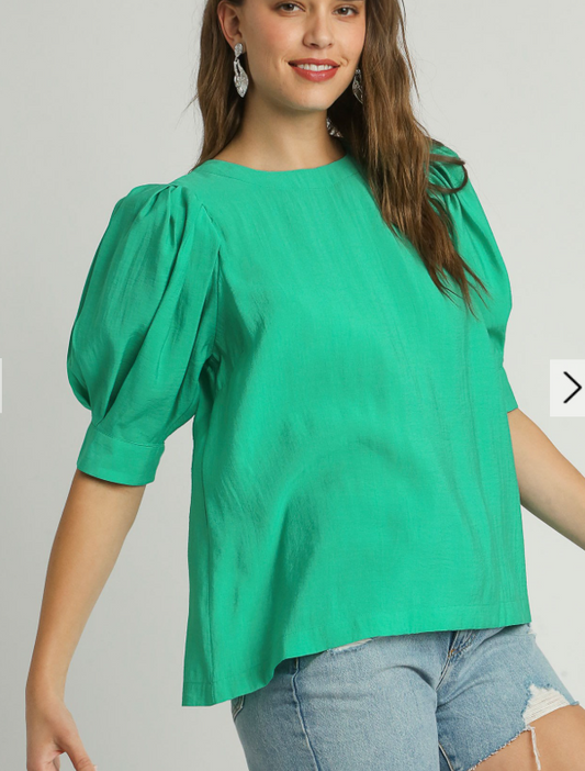 Round Neck Pleated Boxy Cut Top with Bubble Short Sleeves