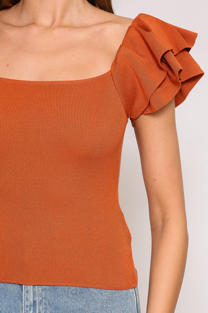 Ruffled Tiered Cap Sleeve Ribbed Knit Sweater Top