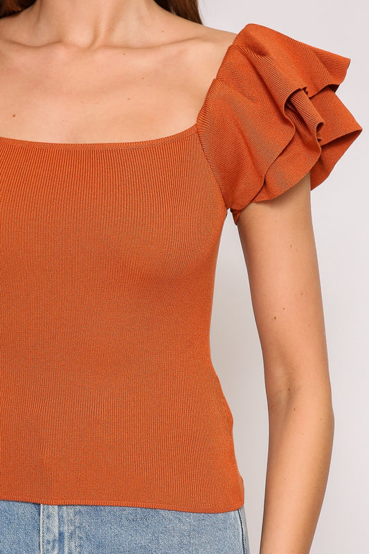 Ruffled Tiered Cap Sleeve Ribbed Knit Sweater Top