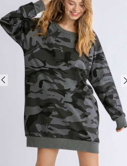 French Terry Camo Print Raw Edged Dress with Ribbed Hem and Back Panel
