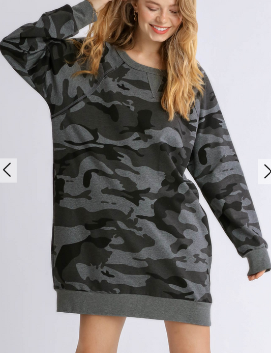 French Terry Camo Print Raw Edged Dress with Ribbed Hem and Back Panel