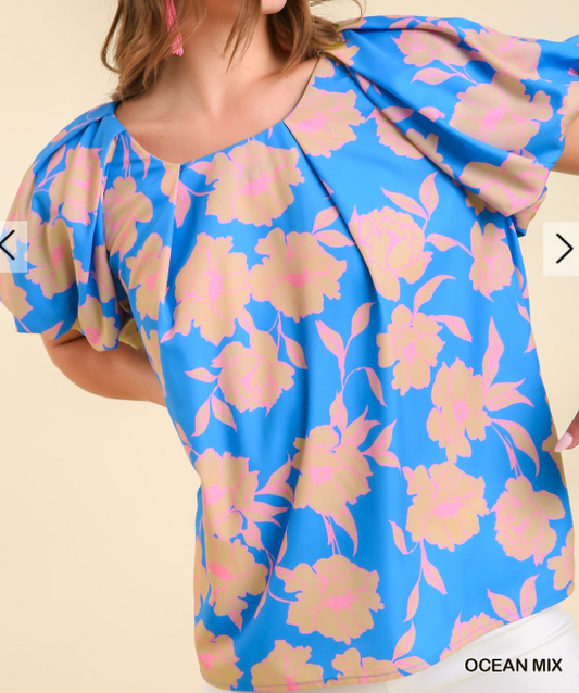 Silk Flower Print Top with Short Puff Sleeves and Back Keyhole Button