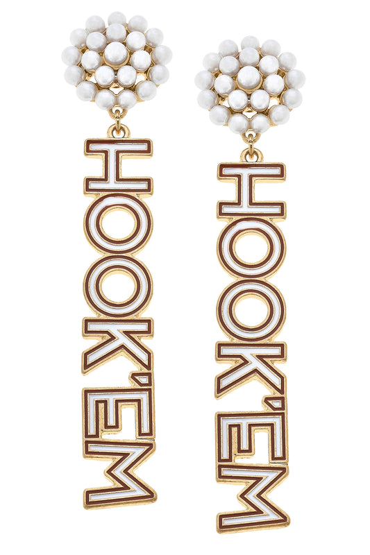 Texas Longhorns Pearl Cluster Outline Enamel Drop Earrings