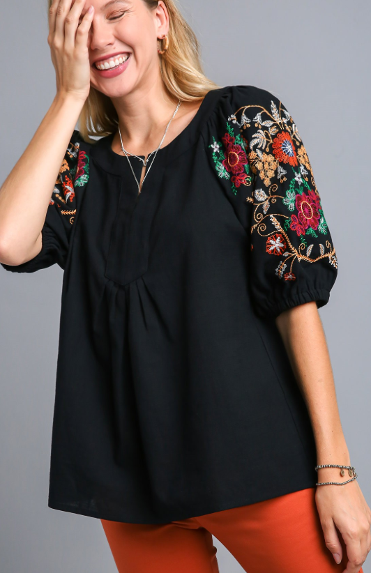 V-Notched Pleated Detail Top with 3/4 Embroidery Cuff Sleeve