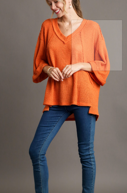 Waffle Knit Boxy Cut V-Neck Top with Fray Details