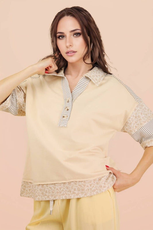 Oversized Half Button Down Collared Knit Top
