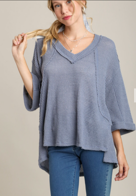 Waffle Knit Boxy Cut V-Neck Top with Fray Details