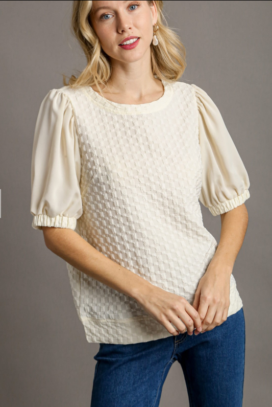 Boxy Cut Jacquard Texture Top with Half Sleeve