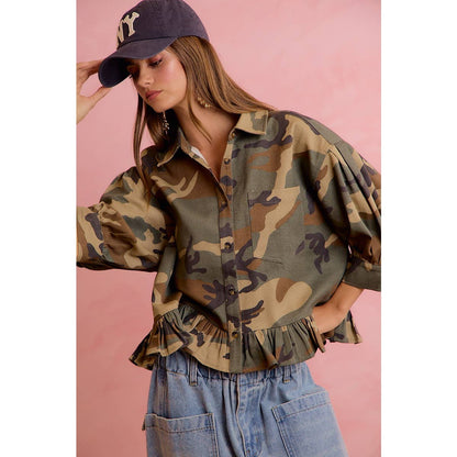 CAMO PRINTED RUFFLED HEM BUTTON DOWN BLOUSE