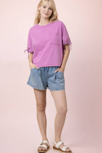 PLUS SIZE Elastic Waist Washed Chambray Shorts
