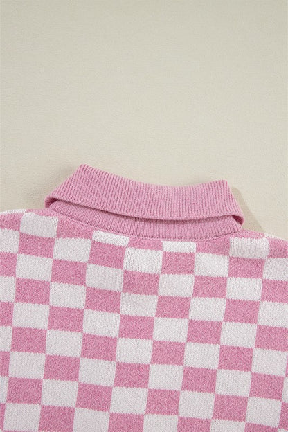 Checkered Buttons V Neck Drop Shoulder Sweater