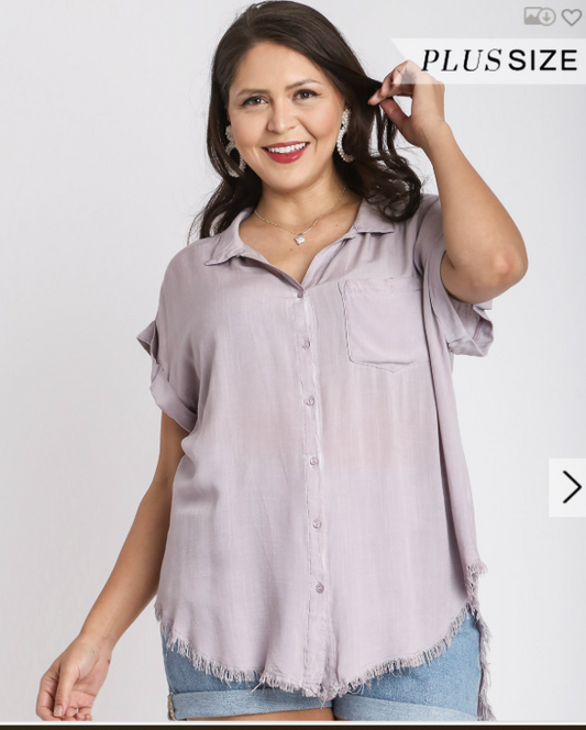 Washed Button Up Short Sleeve Top with Frayed Hemline