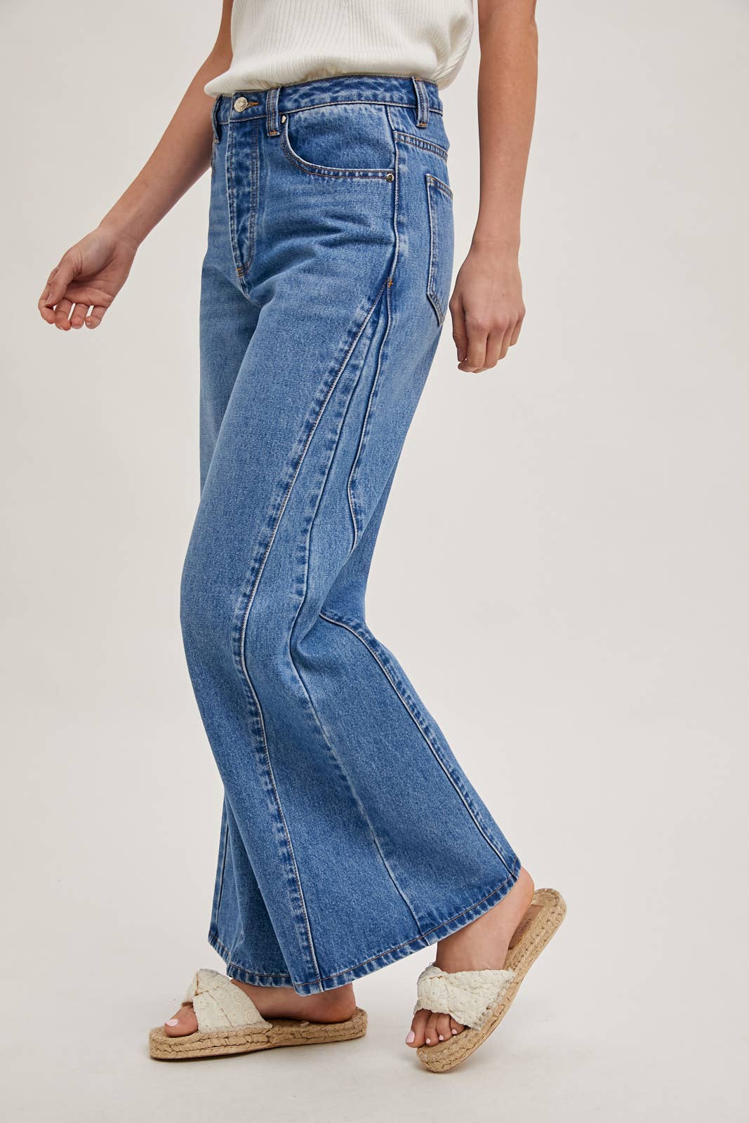 DENIM WIDE LEG MID RISE FLARE JEANS