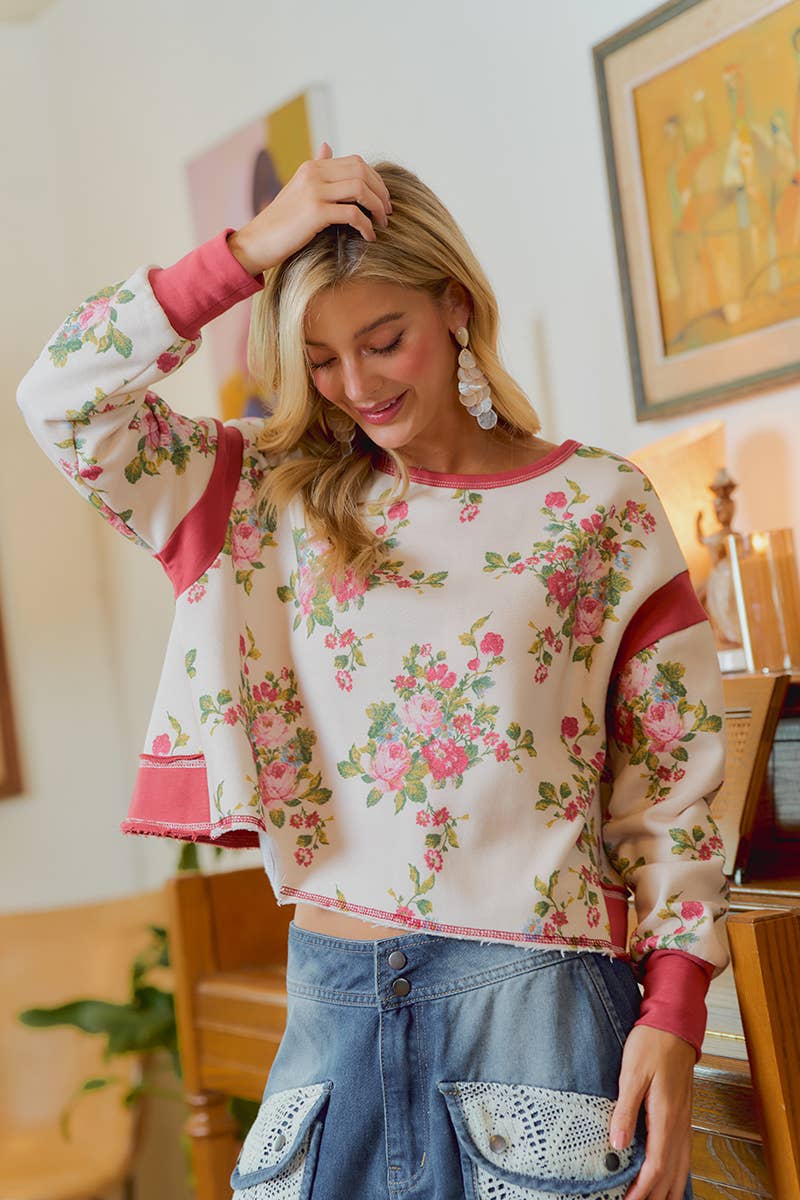 FLORAL BRUSHED OPEN BACK LONG SLEEVES TOP