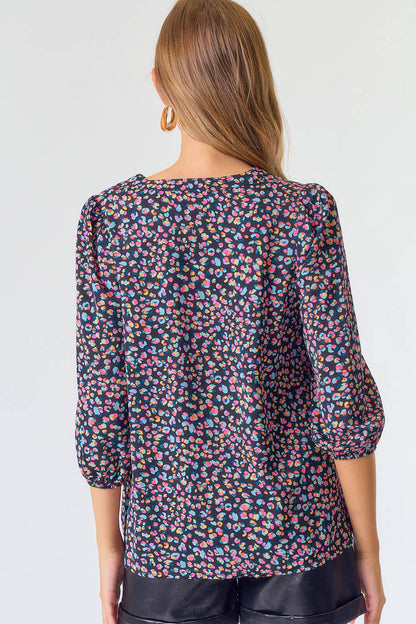 Split V-Neck Line Sleeve Abstract Printed  Blouse