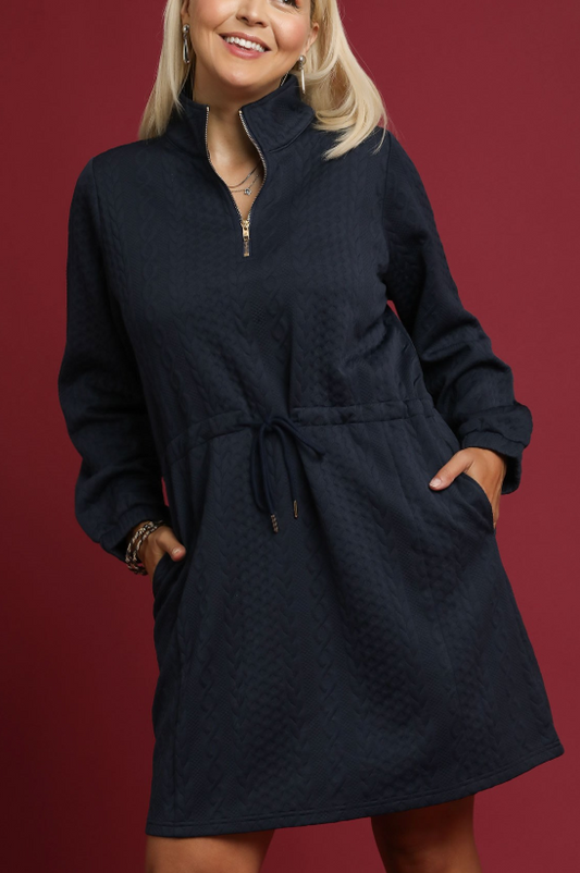 Cable Knit Drawstring Quarter-Zip Dress