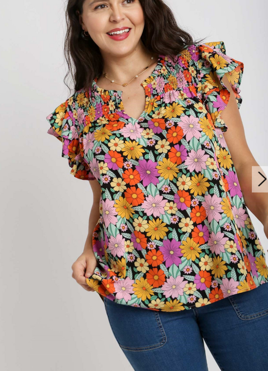 Floral Printed Smocked Top with Double Layer Ruffle Sleeve