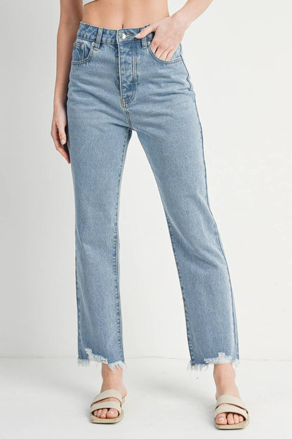 HIGH RISE STRAIGHT LEG DISTRESSED RAW HEM JEANS