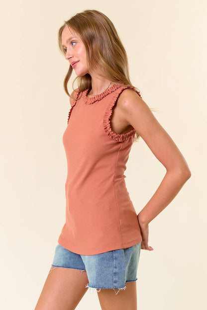 SOLID KNIT TANK WITH RUFFLE TRIM