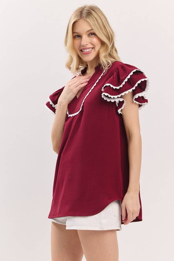 Game day Ruffle Sleeve Scallop Trim Top